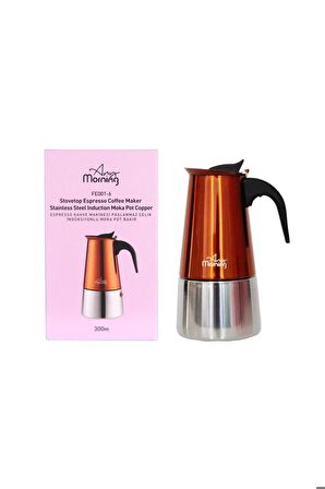 Fe001-6 Espresso Kahve Makinesi Paslanmaz Çelik Indüksiyonlu Moka Pot 300 ml Bakır