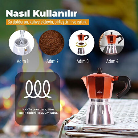 Any Morning Hes-6 Espresso Kahve Makinesi Alüminyum Moka Pot 240 Ml Bakır