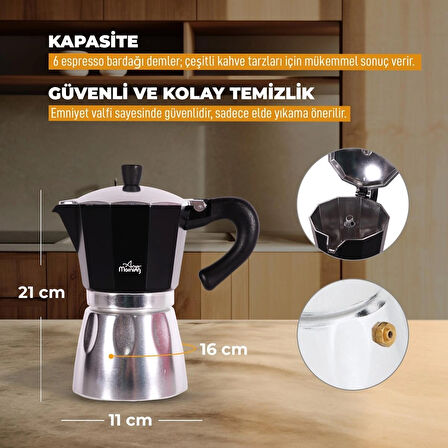Any Morning Hes-6 Espresso Kahve Makinesi Alüminyum Moka Pot 240 Ml Siyah