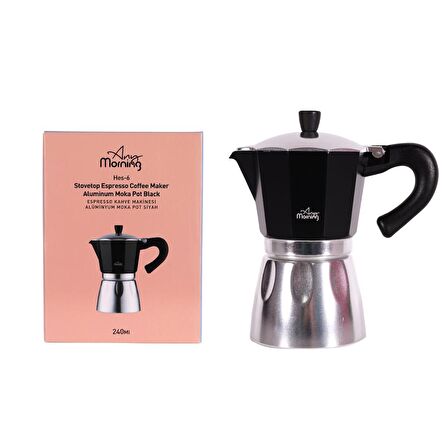 Any Morning Hes-6 Espresso Kahve Makinesi Alüminyum Moka Pot 240 Ml Siyah