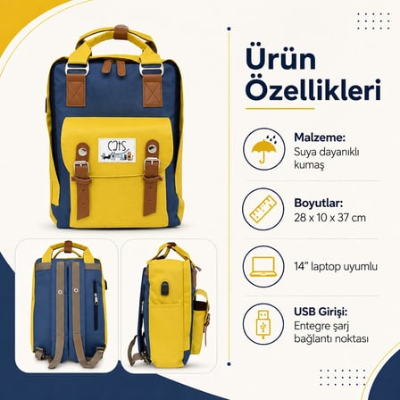 Biggdesign Cats USB Girişli Sırt Çantası Sarı