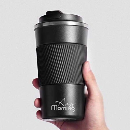 Any Morning BA21549 Paslanmaz Çelik Termos Mug 500 Ml Siyah, Kaymaz Silikon Halka, Sızdırmaz Kapak
