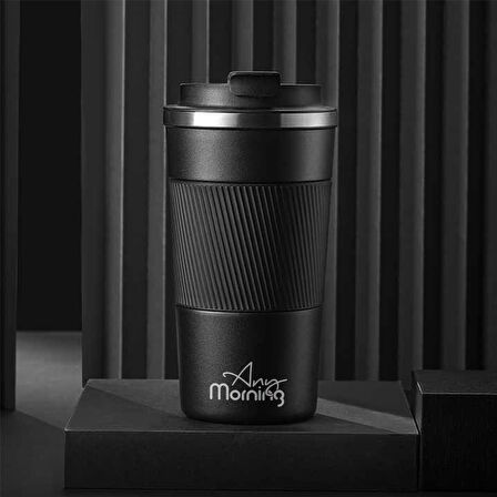 Any Morning BA21549 Paslanmaz Çelik Termos Mug 500 Ml Siyah, Kaymaz Silikon Halka, Sızdırmaz Kapak