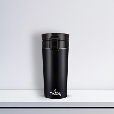 Any Morning BA21522 Paslanmaz Çelik Termos Mug 380 Ml Siyah, Sızdırmaz Kapak, Tuş Mekanizmalı Kilit, Çift Duvarlı Yalıtım