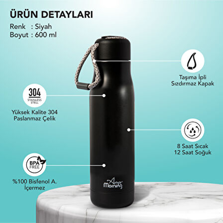 Any Morning BA21547 Paslanmaz Çelik Termos 600 ml Siyah, Çift Duvar Yalıtımlı, Sızdırmaz Kapak