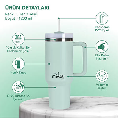 Any Morning SI2440217 Çift Katman Paslanmaz Çelik Termos Mug 1200 Ml Su Yeşili, Sızdırmaz ve Üç Aşamalı Çevrilebilir Kapak