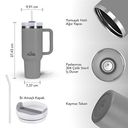Any Morning SI2440217 Çift Katman Paslanmaz Çelik Termos Mug 1200 Ml Gri, Sızdırmaz ve Üç Aşamalı Çevrilebilir Kapak