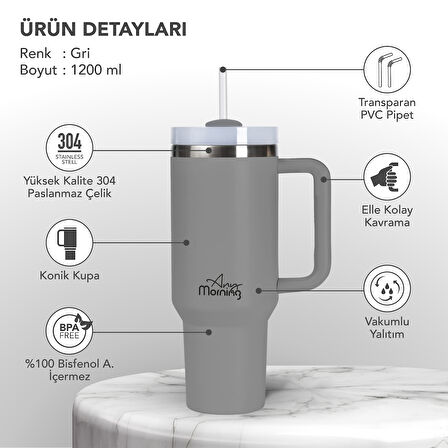Any Morning SI2440217 Çift Katman Paslanmaz Çelik Termos Mug 1200 Ml Gri, Sızdırmaz ve Üç Aşamalı Çevrilebilir Kapak
