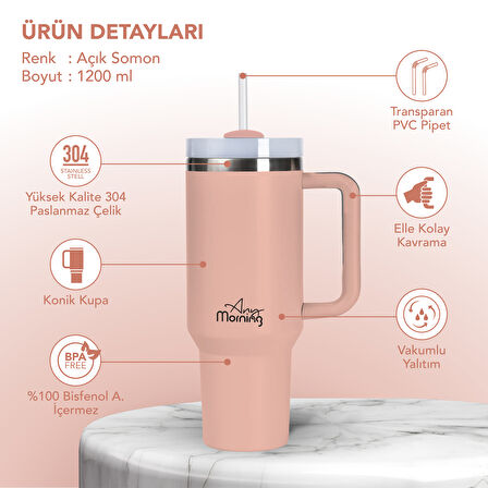 Any Morning SI2440217 Çift Katman Paslanmaz Çelik Termos Mug 1200 Ml Açık Somon, Sızdırmaz ve Üç Aşamalı Çevrilebilir Kapak