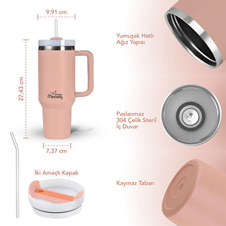 Any Morning SI2440217 Çift Katman Paslanmaz Çelik Termos Mug 1200 Ml Açık Somon, Sızdırmaz ve Üç Aşamalı Çevrilebilir Kapak