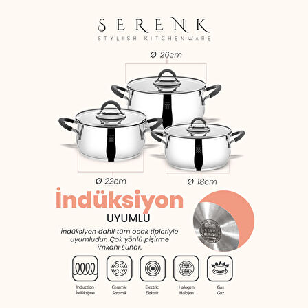 Serenk Modernist 6 Parça Çelik Tencere Seti, 18/10 Paslanmaz Çelik, 18-22-26 cm