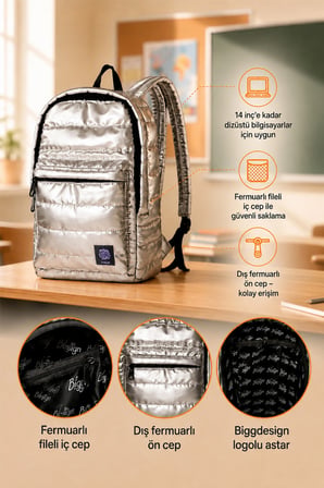 Biggdesign Moods Up Calm Kapitone Su Geçirmez Kumaşlı Okul ve Laptop Sırt Çantası Gümüş Renk