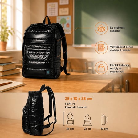 Biggdesign Moods Up Relaxed Kapitone Su Geçirmez Kumaşlı Okul ve Laptop Sırt Çantası Siyah