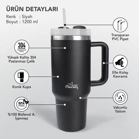Any Morning Vaha 1200 ml Üç Kademe Çevirmeli Kapaklı Çift Katman Çelik Termos Mug Siyah SI2440217