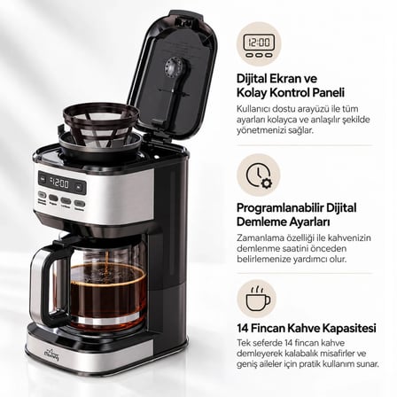 Any Morning SIN2634 Dijital Ekranlı Zaman ve Aroma Ayarlı 1,8 Lt Cam Hazneli Filtre Kahve Makinesi