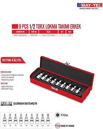 Bay-Tec 9 Adet 1/2 Torx Lokma Takımı Seti (Erkek) MK2740