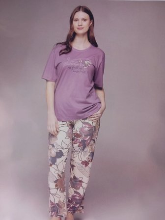 3nbe Kadın Büyük Beden Kısa Kollu Pijama Takımı Çiçekli Mor