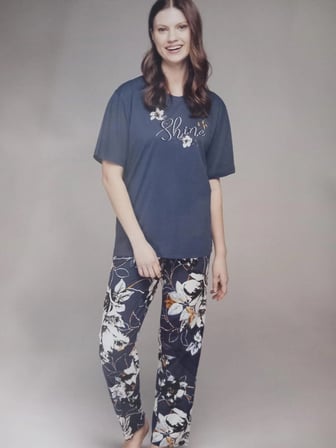 3nbe Kadın Büyük Beden Pijama Takımı Lacivert Çiçekli Kısa Kollu 4XL