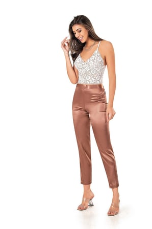 3nbe Kadın Saten Pijama Takımı Büstiyerli Askılı Düz Paça Turuncu L Beden