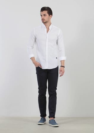Beyaz Düz Regular Fit Dokuma Klasik %100 Pamuk Gömlek