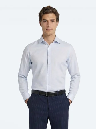 Açık Mavi Düz Slim Fit Dokuma Klasik %100 Pamuk Gömlek
