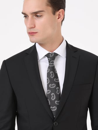 Siyah Düz Regular Fit Yün Karışımlı Takım Elbise