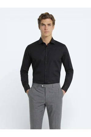 Siyah Düz Slim Fit Dokuma Klasik %100 Pamuk Gömlek