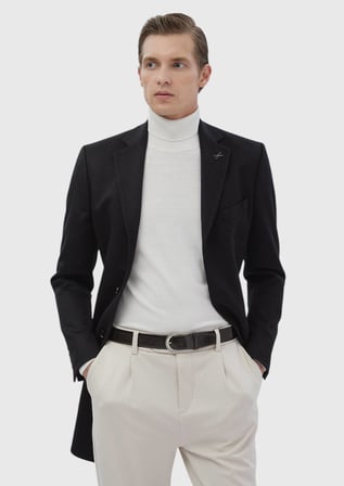 Siyah Regular Fit Şal Yaka Klasik Dokuma Palto