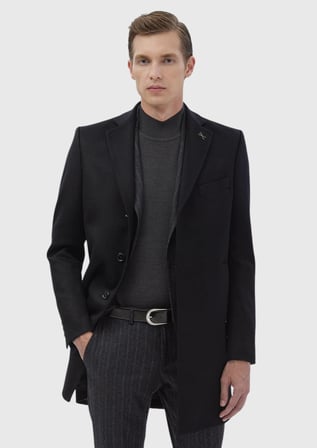 Siyah Regular Fit Şal Yaka Klasik Dokuma Palto