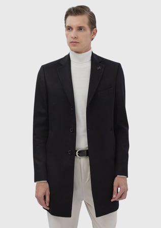 Siyah Regular Fit Şal Yaka Klasik Dokuma Palto