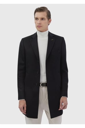 Siyah Regular Fit Şal Yaka Klasik Dokuma Palto