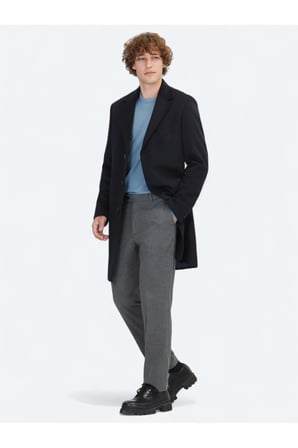 Lacivert Regular Fit Kruvaze Yaka Casual Dokuma Palto