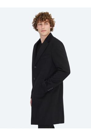 Siyah Regular Fit Kruvaze Yaka Casual Dokuma Palto