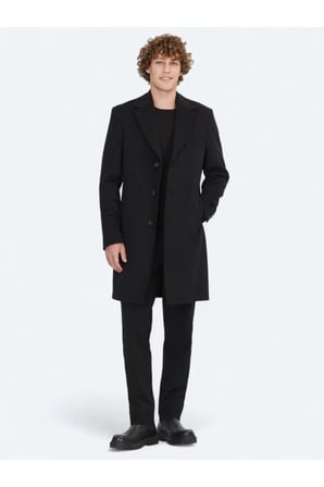 Siyah Regular Fit Kruvaze Yaka Casual Dokuma Palto