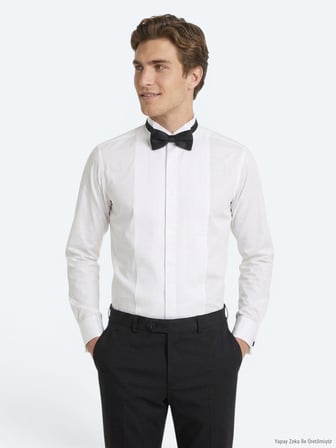 Beyaz Düz Slim Fit Duble Manşet Smokin Gömlek