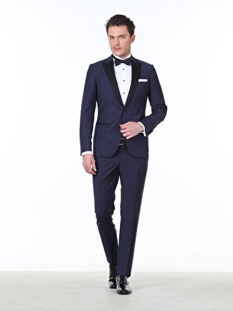 Saks Düz Slim Fit Kruvaze Yaka Dokuma Smokin Takım Elbise