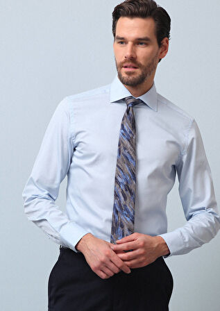 Mavi Düz Fitted Fit Dokuma Klasik Pamuk Karışımlı Gömlek