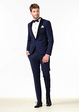 Saks Düz Fashion Slim Fit Kruvaze Yaka Dokuma Smokin Takım Elbise