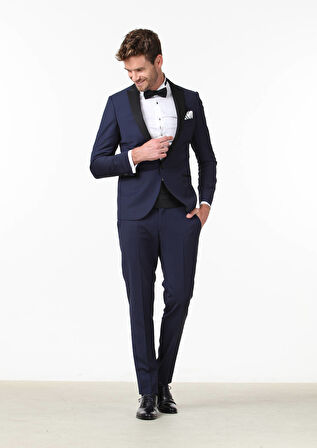 Saks Düz Fashion Slim Fit Kruvaze Yaka Dokuma Smokin Takım Elbise