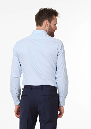 Mavi Düz Slim Fit Dokuma Klasik Pamuk Karışımlı Gömlek