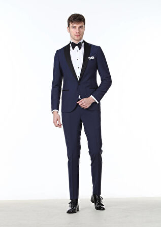 Saks Düz Fashion Slim Fit Kruvaze Yaka Dokuma Smokin Takım Elbise