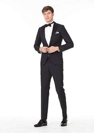 Siyah Düz Fashion Slim Fit Kruvaze Yaka Dokuma Smokin Takım Elbise