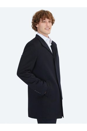 Lacivert Regular Fit Şal Yaka Casual Dokuma Palto