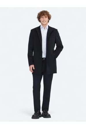 Lacivert Regular Fit Şal Yaka Casual Dokuma Palto