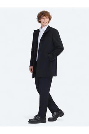 Lacivert Regular Fit Şal Yaka Casual Dokuma Palto