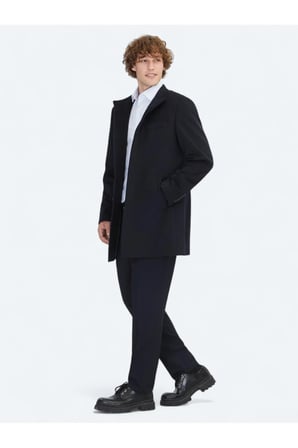 Lacivert Regular Fit Şal Yaka Casual Dokuma Palto
