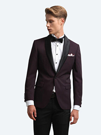 Bordo Slim Fit Şal Yaka Dokuma Smokin Takım Elbise