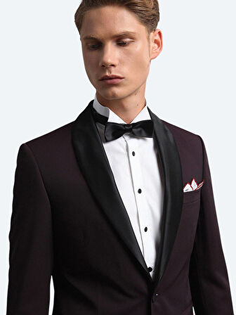 Bordo Slim Fit Şal Yaka Dokuma Smokin Takım Elbise