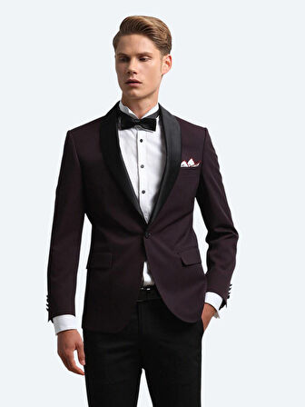 Bordo Slim Fit Şal Yaka Dokuma Smokin Takım Elbise