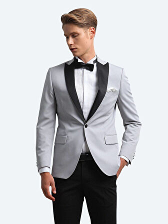 Açık Gri Slim Fit Kelebek Yaka Dokuma Smokin Takım Elbise